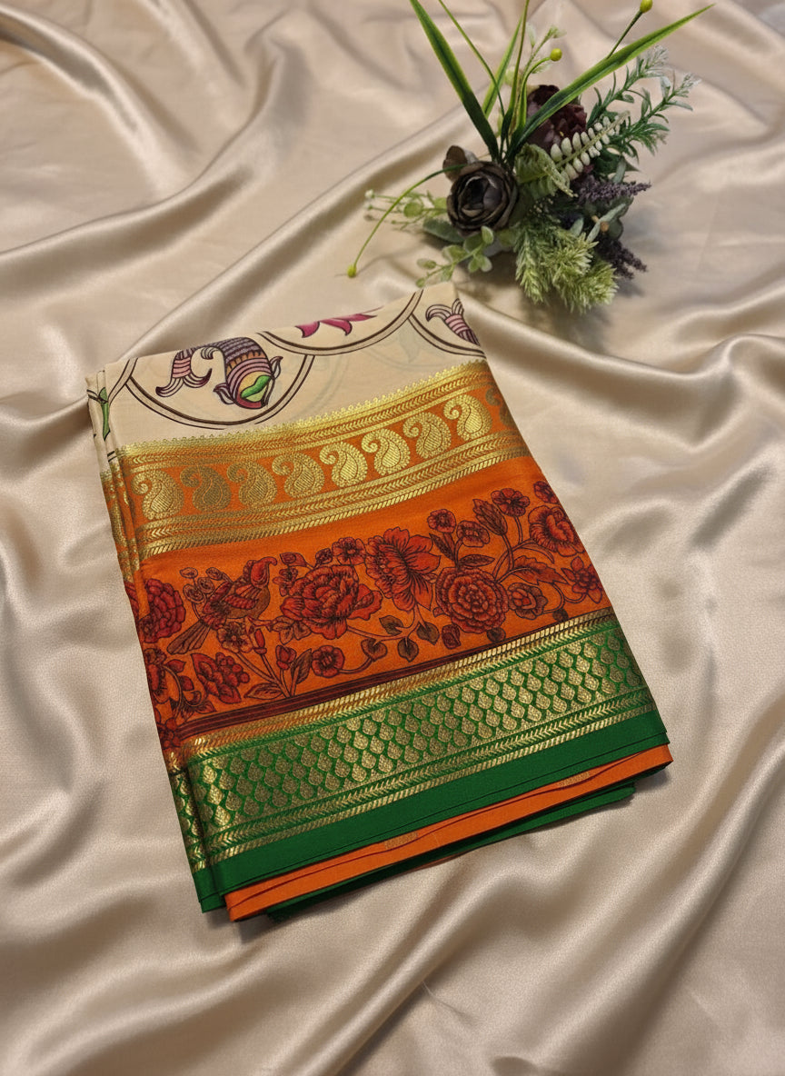 Pure Mysore Crepe Silk - Beige & Orange Fish Lotus Kalamkari