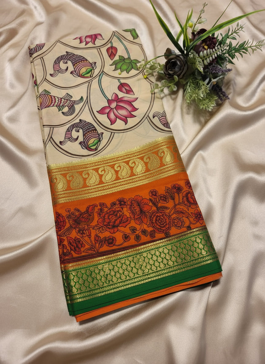 Pure Mysore Crepe Silk - Beige & Orange Fish Lotus Kalamkari