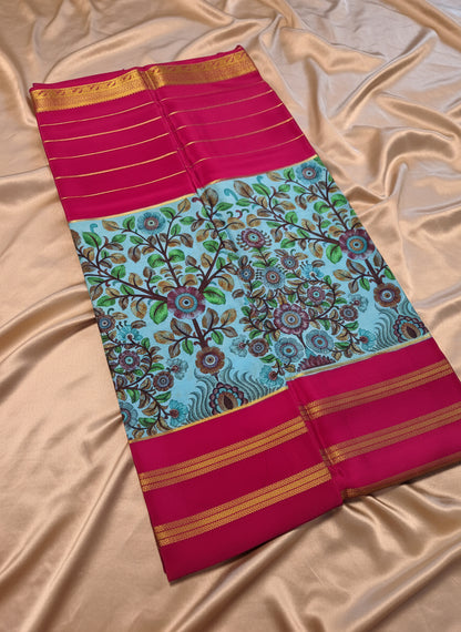 Pure Mysore Crepe Silk - Blue & Rani Pink Flower Kalamkari