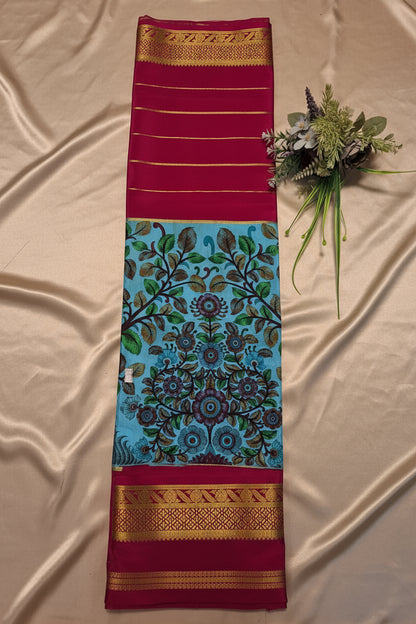 Pure Mysore Crepe Silk - Blue & Rani Pink Flower Kalamkari