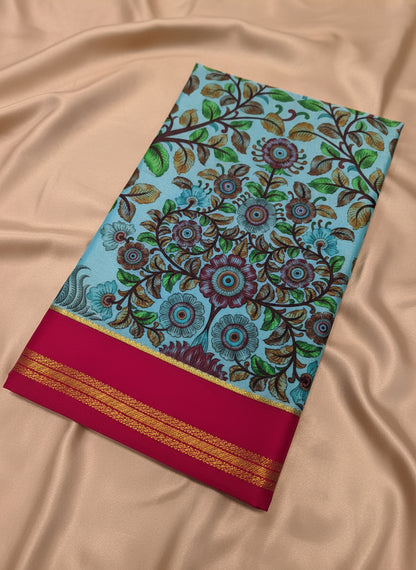 Pure Mysore Crepe Silk - Blue & Rani Pink Flower Kalamkari