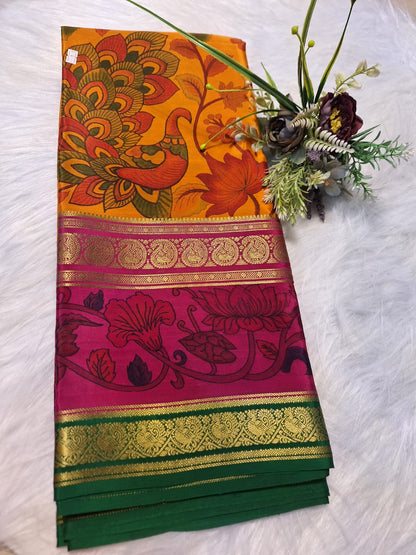 Pure Mysore Crepe Silk - Turmeric Yellow & Pink peacock floral Kalamkari