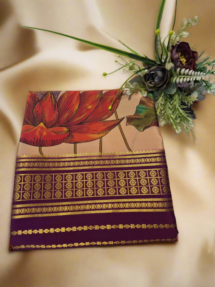 Pure Mysore Crepe Silk - Beige & Purple Sitar Lotus Kalamkari