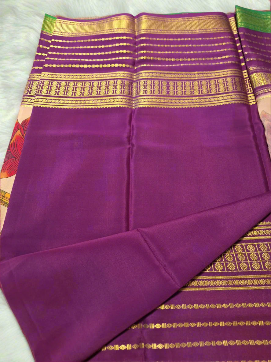 Pure Mysore Crepe Silk - Beige & Purple Sitar Lotus Kalamkari