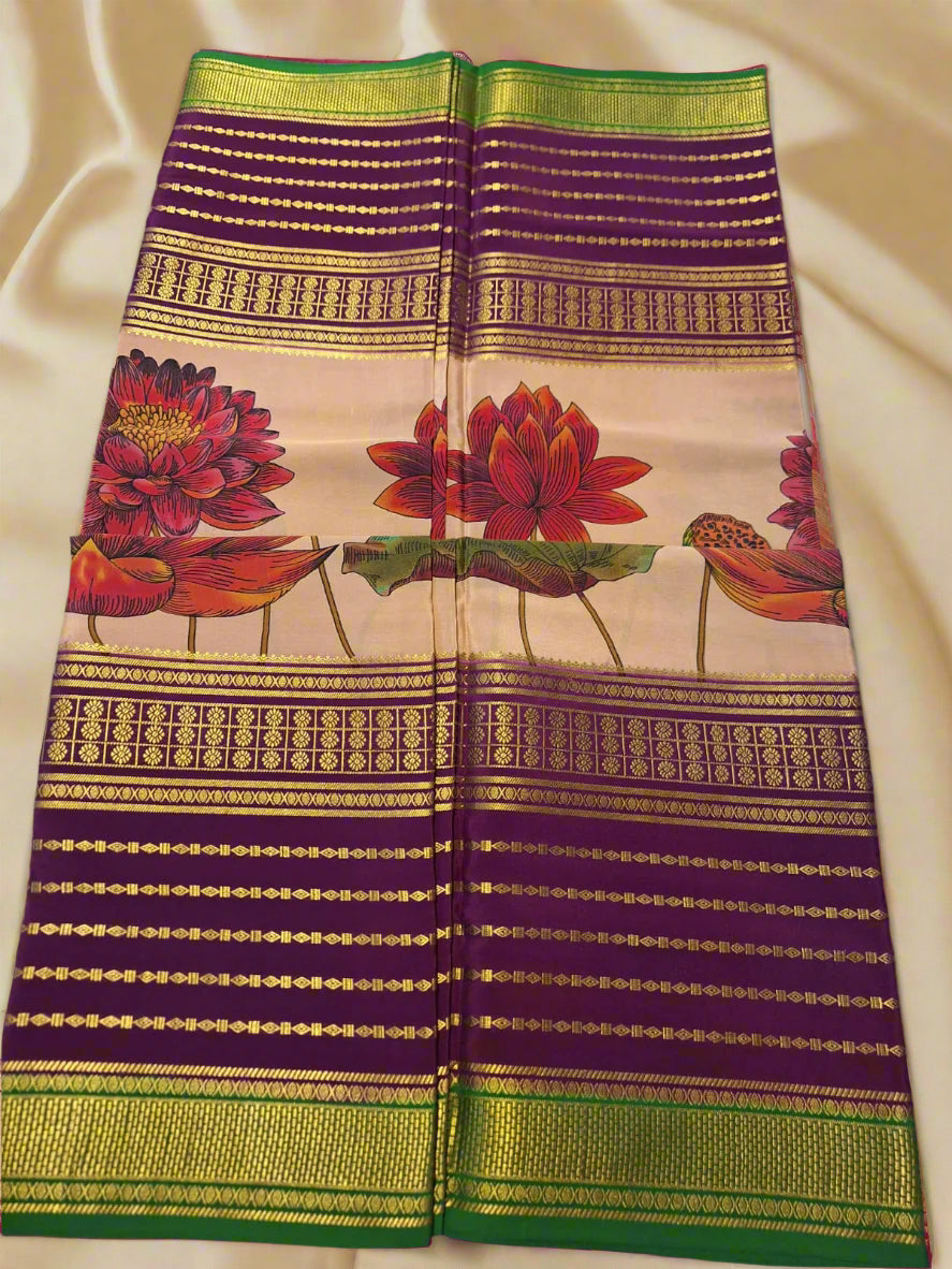 Pure Mysore Crepe Silk - Beige & Purple Sitar Lotus Kalamkari