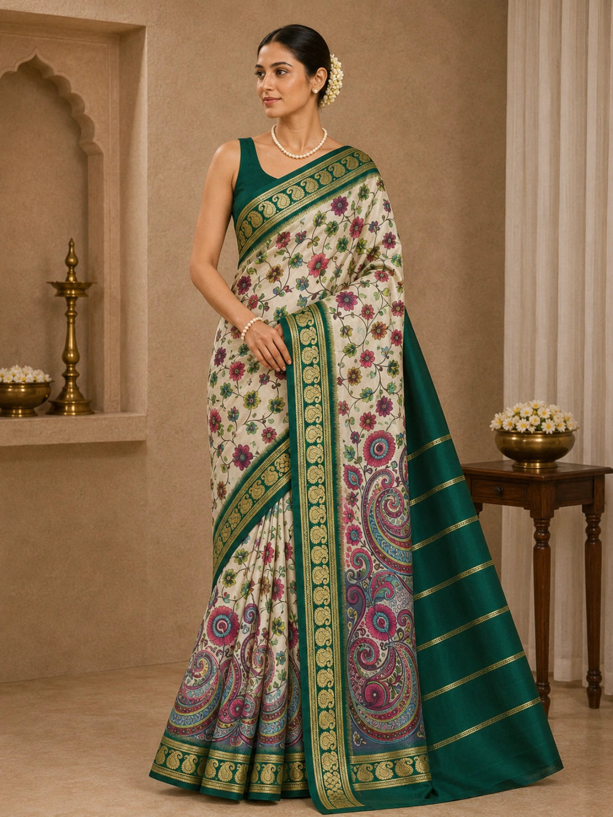 Pure Mysore Crepe Silk - Creme & Dark Green Flower Kalamkari