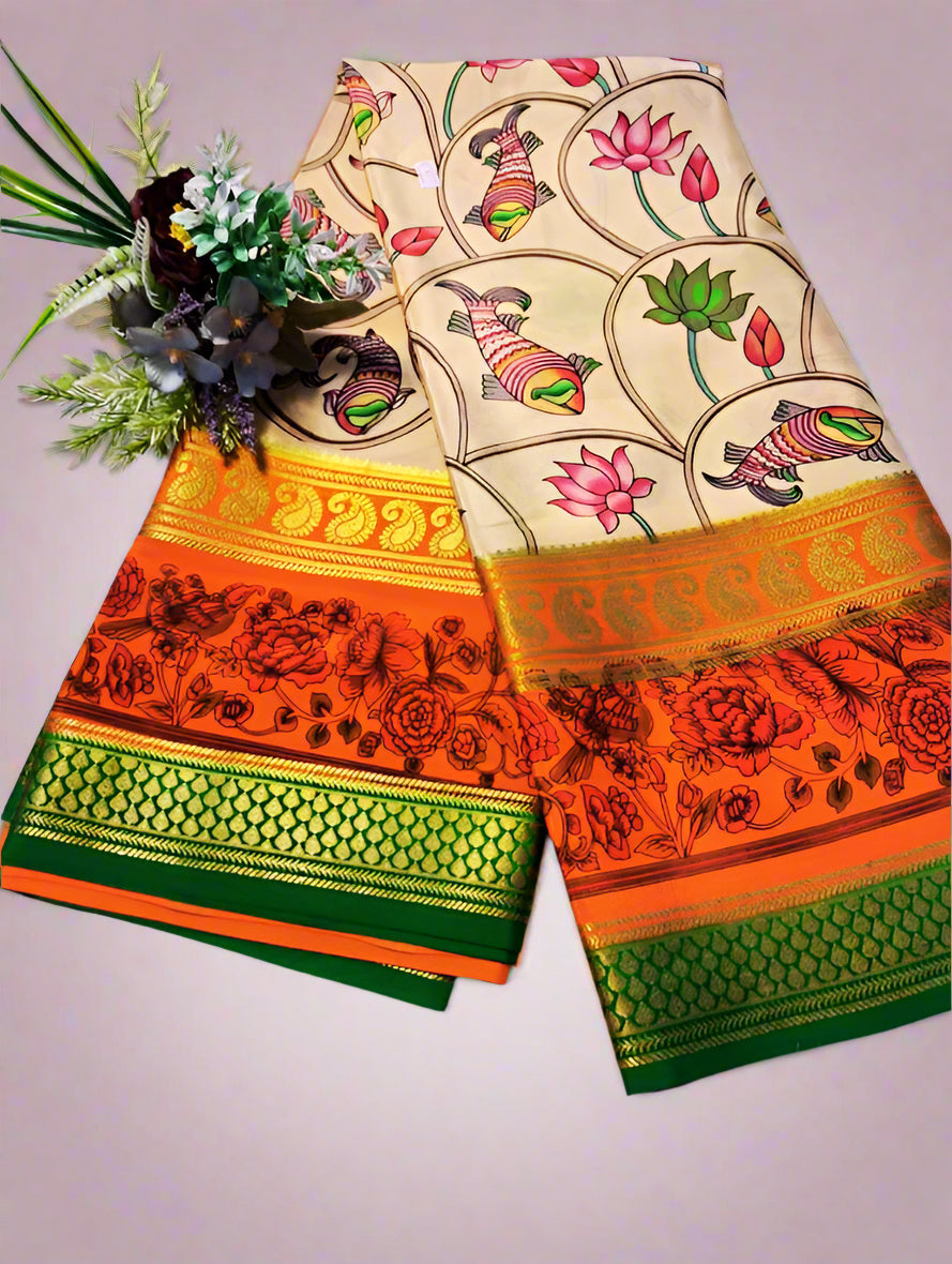 Pure Mysore Crepe Silk - Beige & Orange Fish Lotus Kalamkari