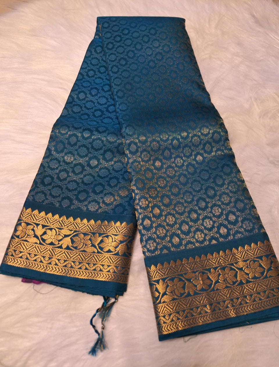 Pure Handloom Soft Silk - Teal Blue Brocade & Kanchi border