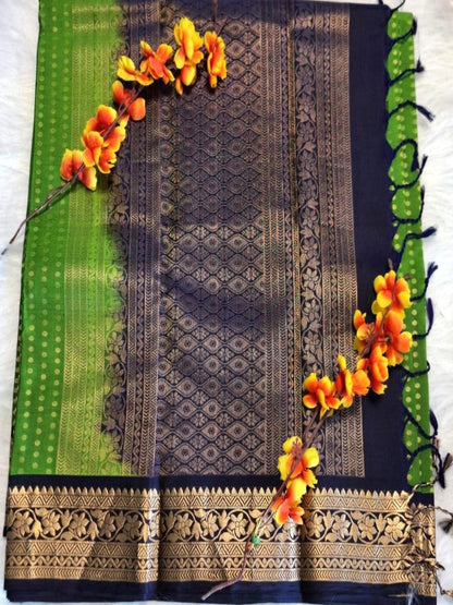 Pure Handloom Soft Silk - Lawn Green-Navy Blue 1000 boota with Kanchi border