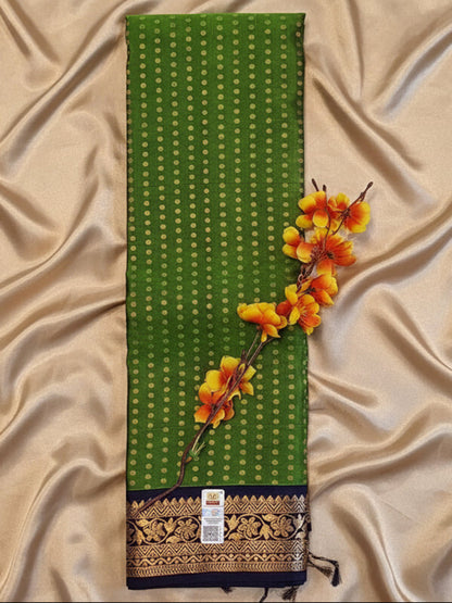 Pure Handloom Soft Silk - Lawn Green-Navy Blue 1000 boota with Kanchi border