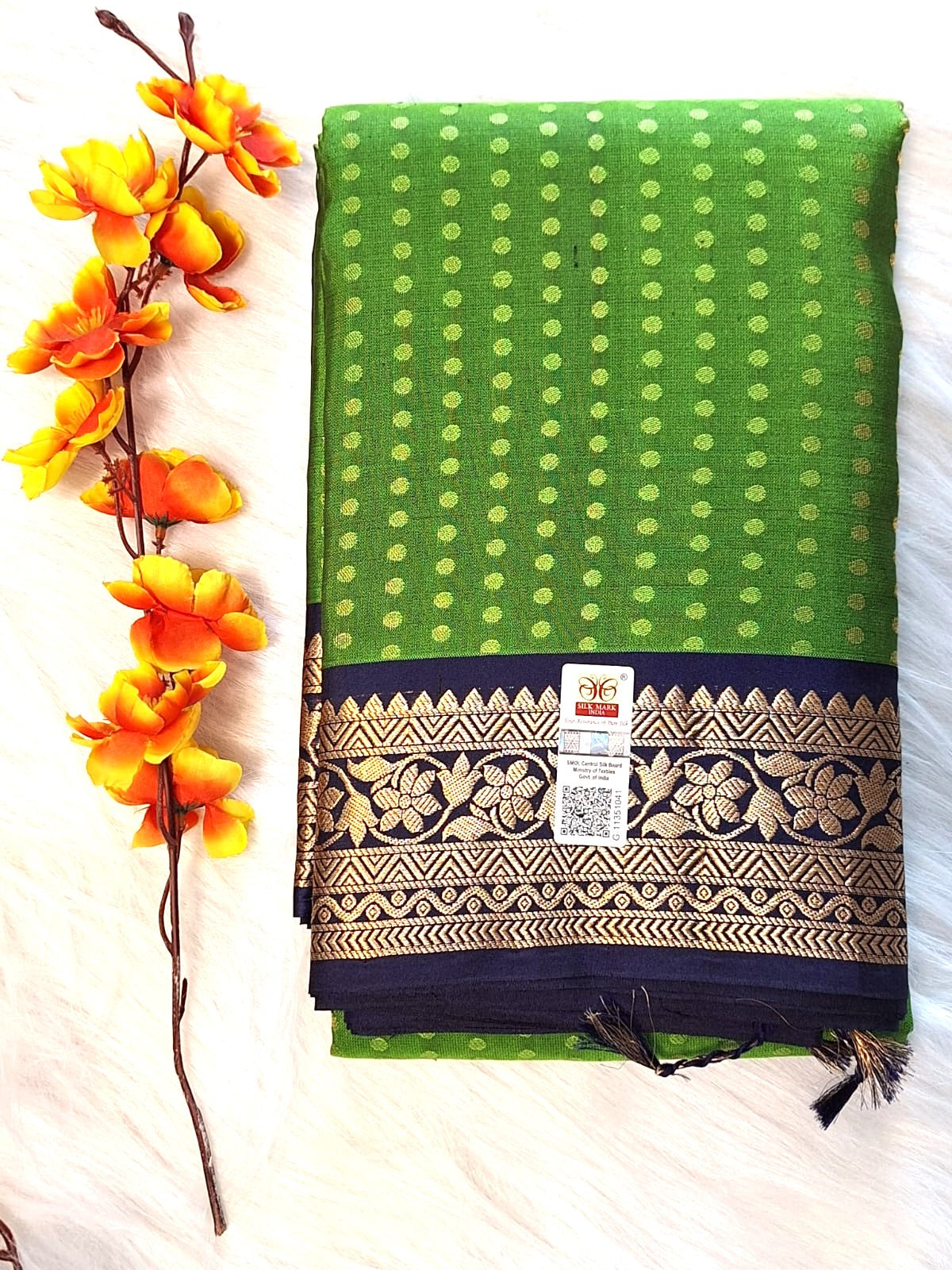 Pure Handloom Soft Silk - Lawn Green-Navy Blue 1000 boota with Kanchi border