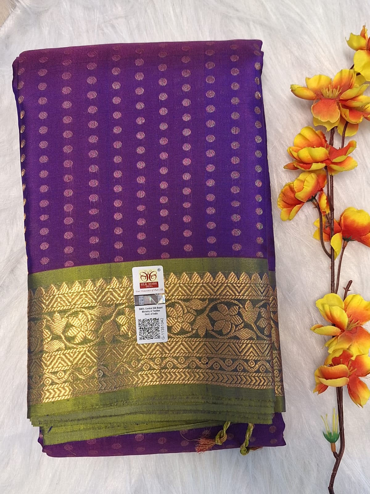 Pure Handloom Soft Silk - Vibrant Purple & Apple Green 1000 Boota & Kanchi Border