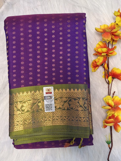 Pure Handloom Soft Silk - Vibrant Purple & Apple Green 1000 Boota & Kanchi Border