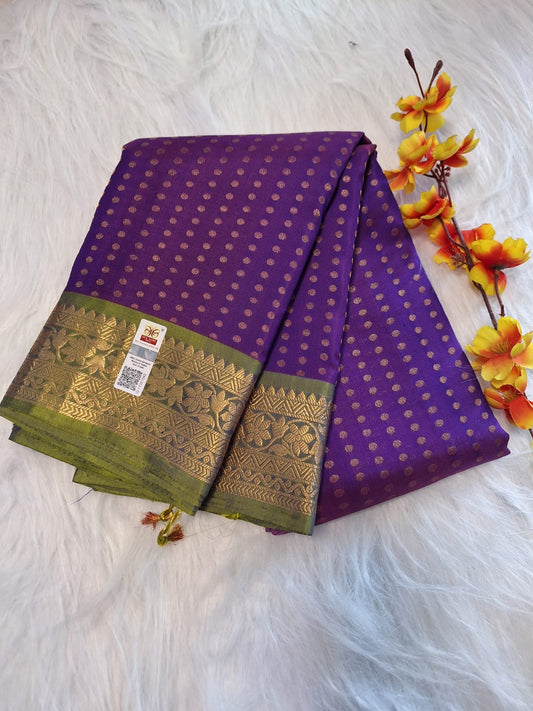 Pure Handloom Soft Silk - Vibrant Purple & Apple Green 1000 Boota & Kanchi Border