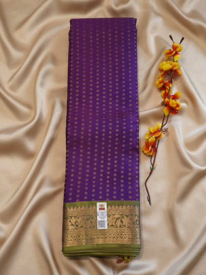 Pure Handloom Soft Silk - Vibrant Purple & Apple Green 1000 Boota & Kanchi Border