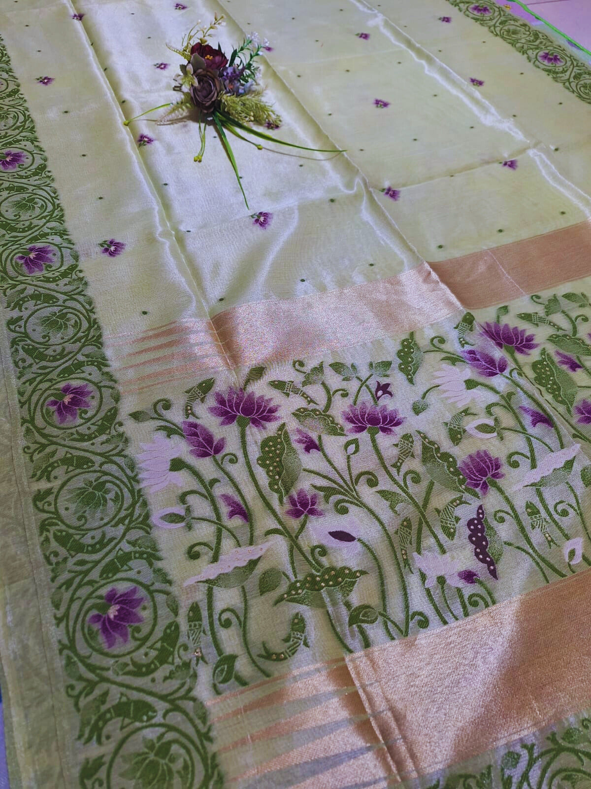 Tissue Silk - Green with Purple Lotus Weave Design