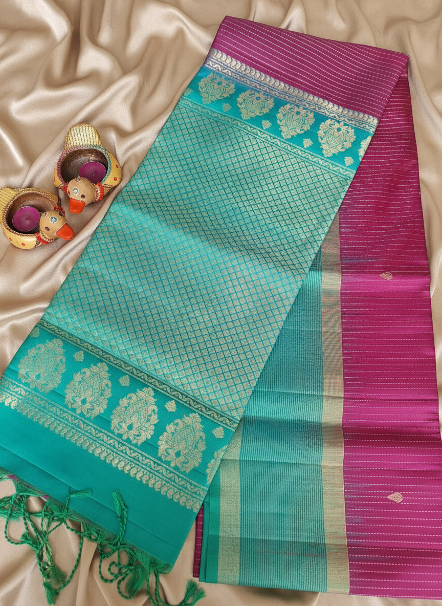 Pure Handloom Soft Silk -Magenta Pink & Sea Green