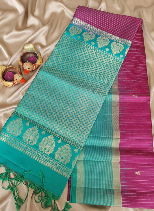 Pure Handloom Soft Silk -Magenta Pink & Sea Green