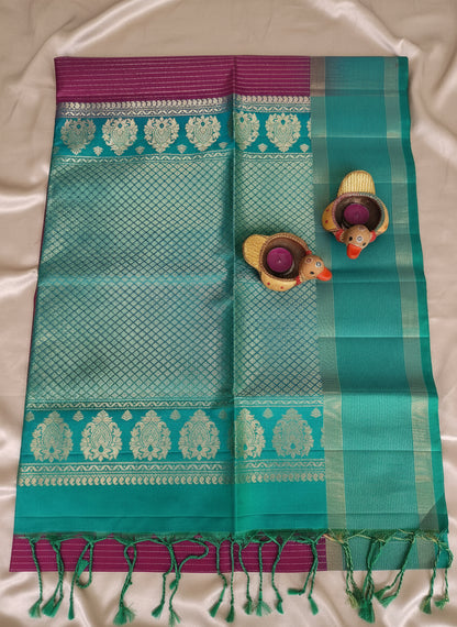 Pure Handloom Soft Silk -Magenta Pink & Sea Green