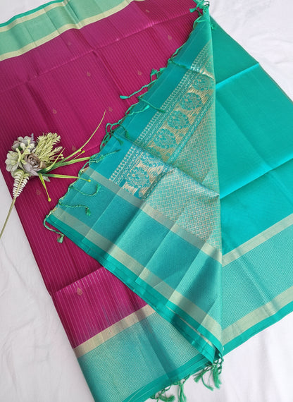 Pure Handloom Soft Silk -Magenta Pink & Sea Green