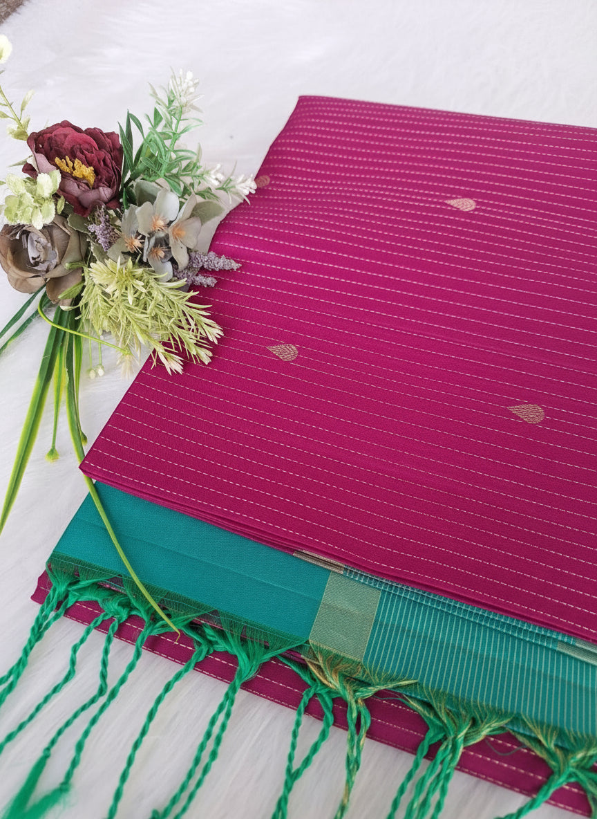 Pure Handloom Soft Silk -Magenta Pink & Sea Green