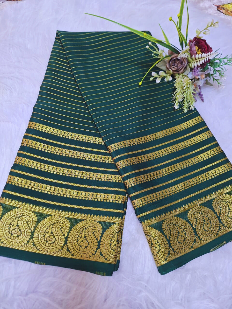 Pure Mysore Crepe Silk - Bottle Green Golden Kairi (Mango) Border
