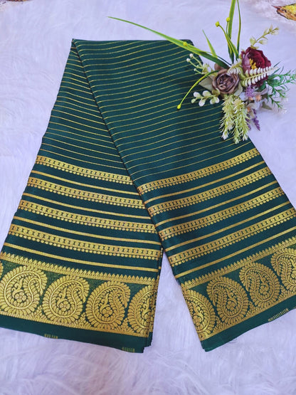 Pure Mysore Crepe Silk - Bottle Green Golden Kairi (Mango) Border