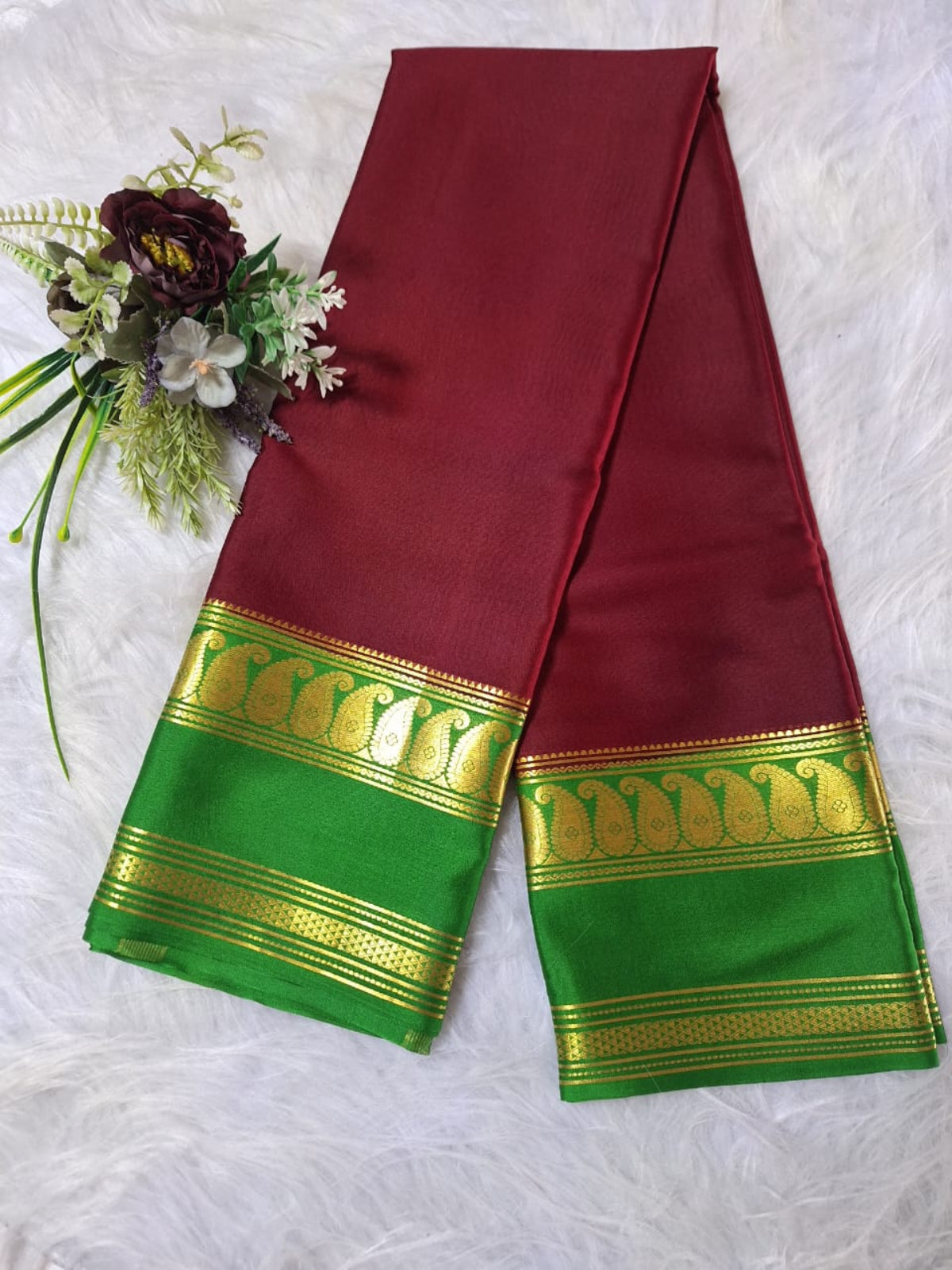 Pure Mysore Crepe Silk - Maroon & Green accented Kairi Motifs Border