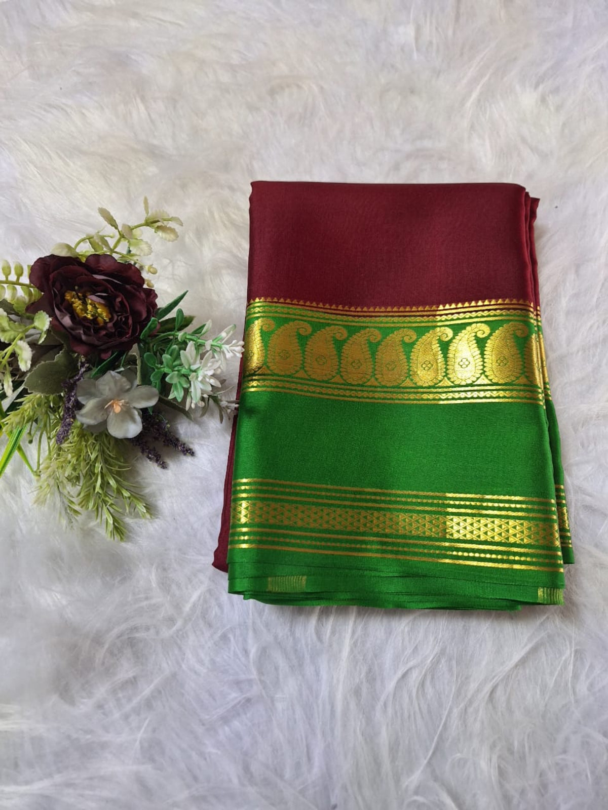 Pure Mysore Crepe Silk - Maroon & Green accented Kairi Motifs Border