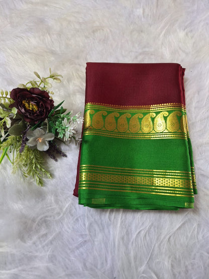 Pure Mysore Crepe Silk - Maroon & Green accented Kairi Motifs Border