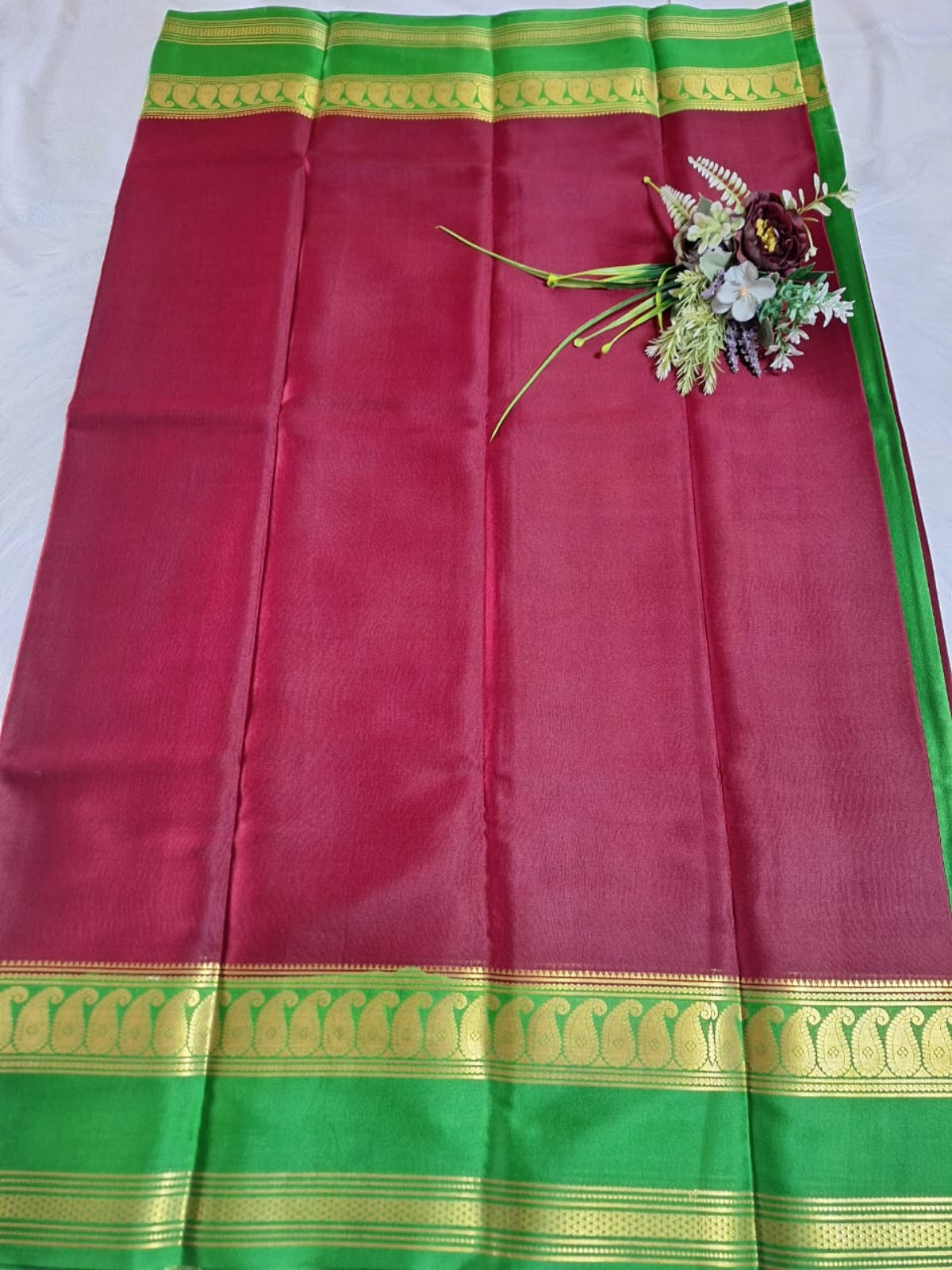 Pure Mysore Crepe Silk - Maroon & Green accented Kairi Motifs Border