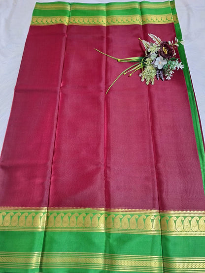 Pure Mysore Crepe Silk - Maroon & Green accented Kairi Motifs Border