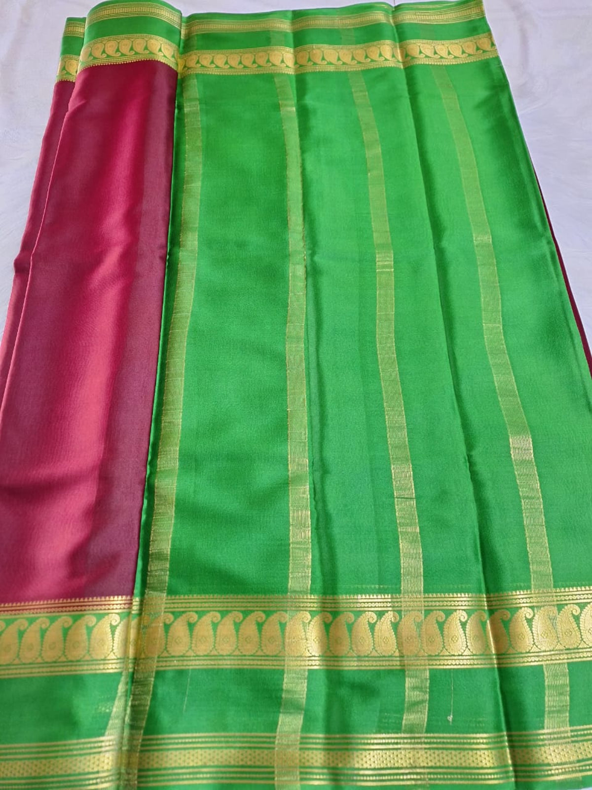 Pure Mysore Crepe Silk - Maroon & Green accented Kairi Motifs Border