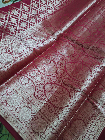 Pure Handloom Banarasi Silk - Maroon light in light Gold Zari work