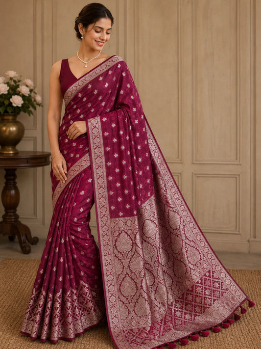 Pure Handloom Banarasi Silk - Maroon light in light Gold Zari work