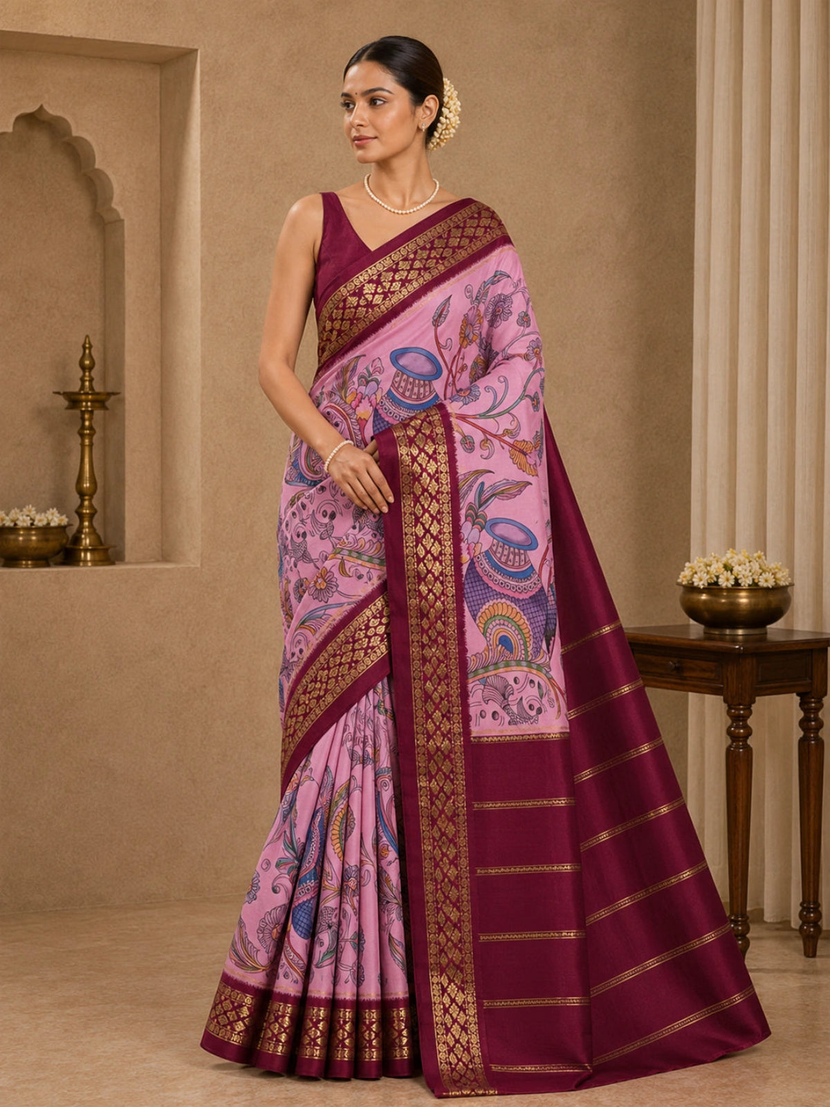 Pure Mysore Crepe Silk - Pink & Wine Matka Design Kalamkari