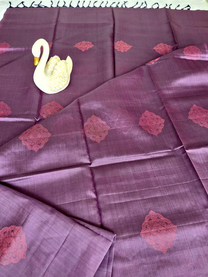 Pure Handloom Soft Silk - Pastel Mauve-Navy Borderless pattern