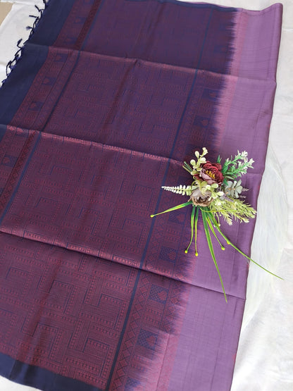 Pure Handloom Soft Silk - Pastel Mauve-Navy Borderless pattern