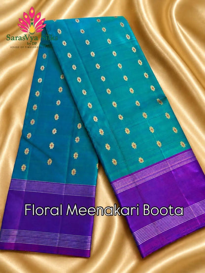 Pure Handloom Kanjeevaram Silk - Azure Blue & Purple 1000 Meenakari