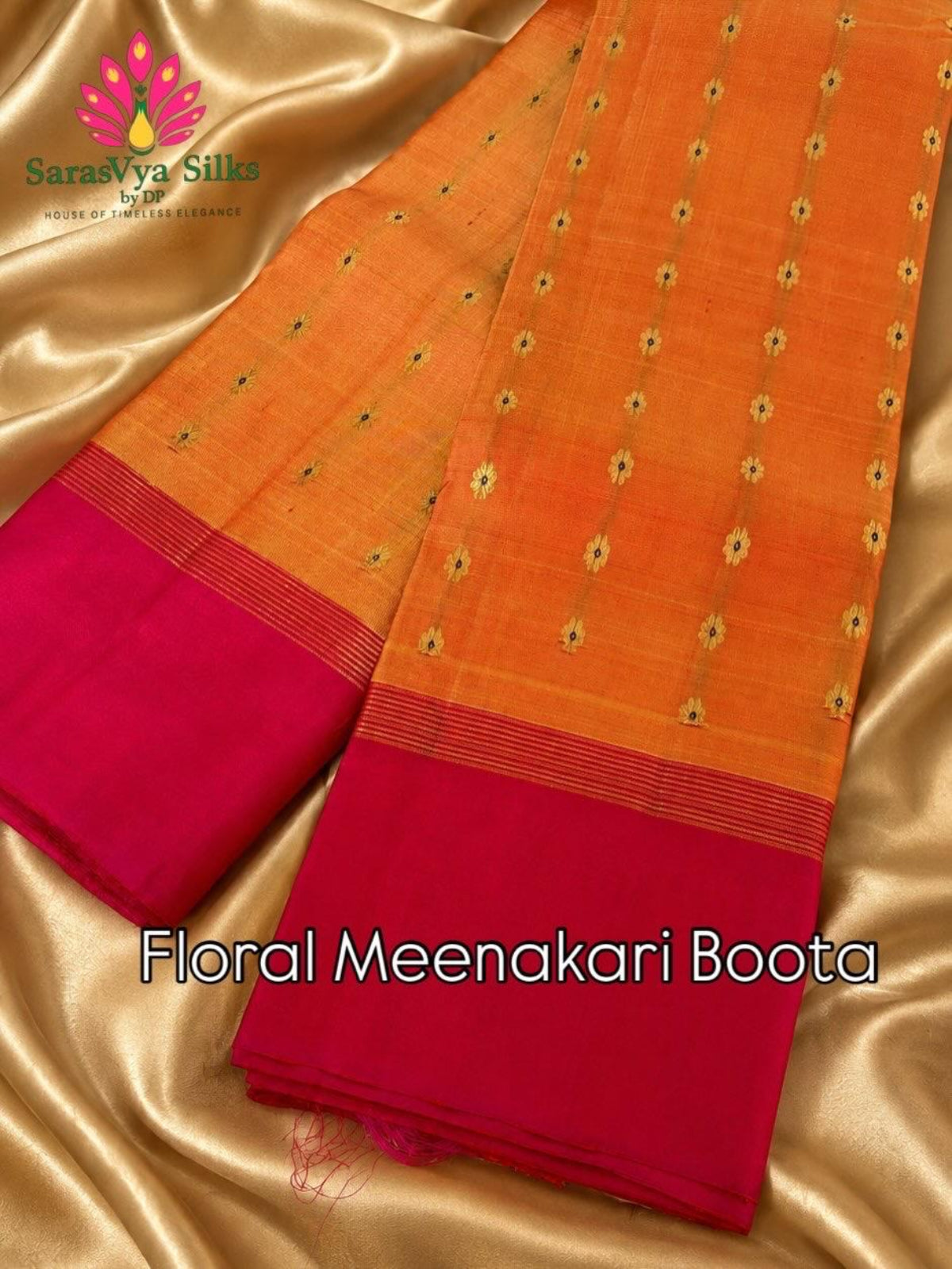 Pure Handloom Kanjeevaram Silk - Mustard Orange & Pink 1000 Meenakari butas