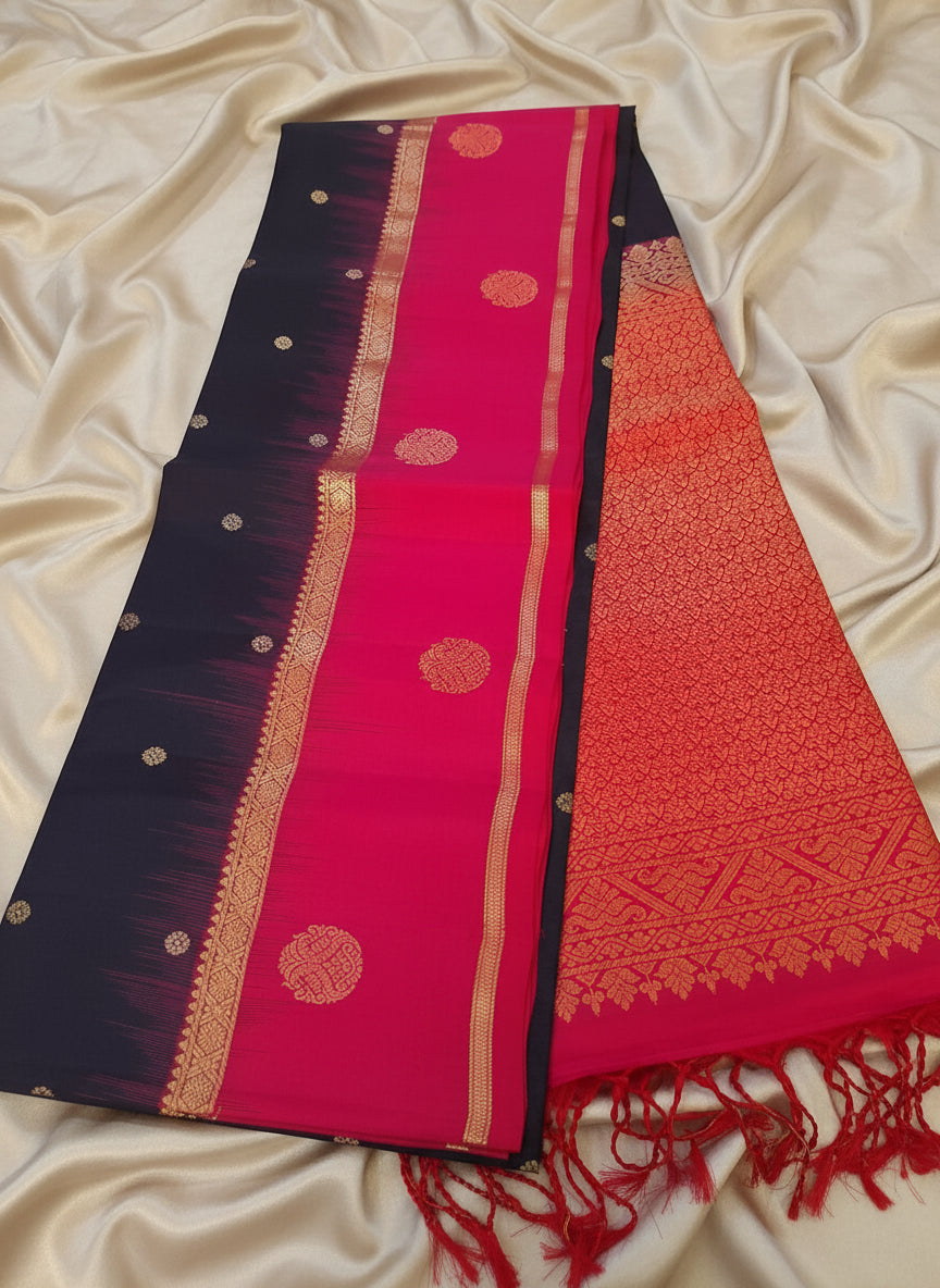 Pure Handloom Soft Silk - Navy Blue Pink Rudraksh Gandaberundu