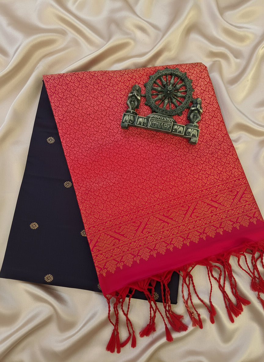 Pure Handloom Soft Silk - Navy Blue Pink Rudraksh Gandaberundu