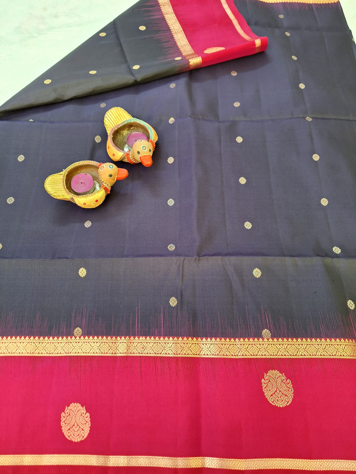 Pure Handloom Soft Silk - Navy Blue Pink Rudraksh Gandaberundu
