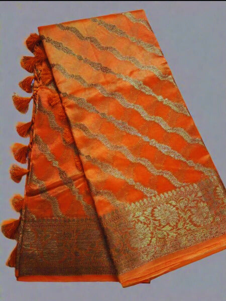 Pure Handloom Banarasi Silk - Orange gold Antique Zari