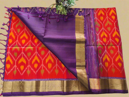 Pure Handloom Soft Silk - Orange-Purple Pochampally Ikat pattern