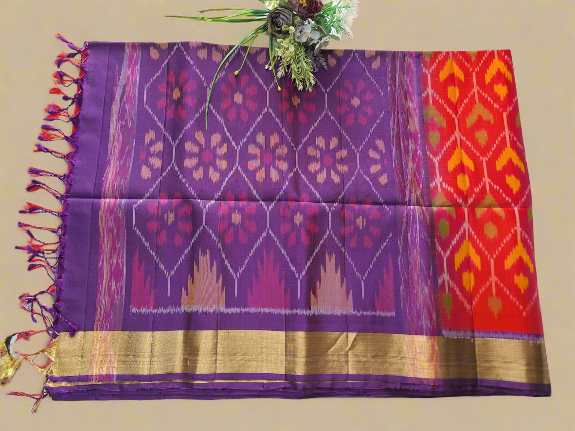 Pure Handloom Soft Silk - Orange-Purple Pochampally Ikat pattern