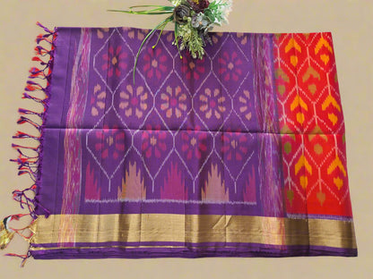 Pure Handloom Soft Silk - Orange-Purple Pochampally Ikat pattern