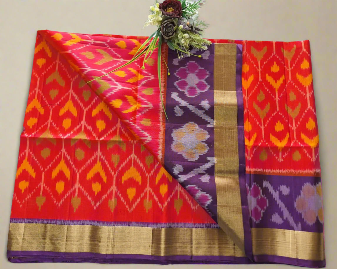 Pure Handloom Soft Silk - Orange-Purple Pochampally Ikat pattern