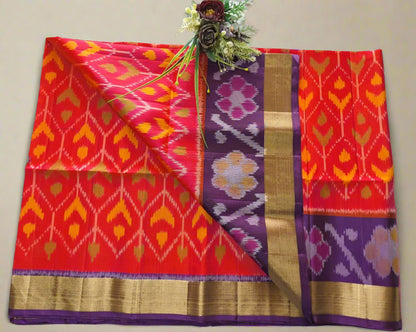 Pure Handloom Soft Silk - Orange-Purple Pochampally Ikat pattern