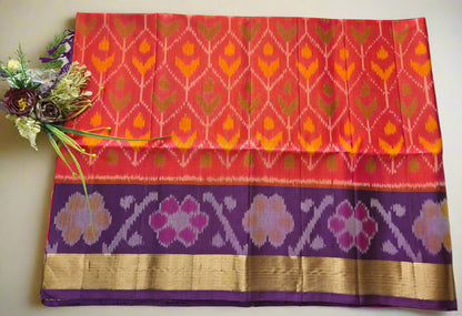 Pure Handloom Soft Silk - Orange-Purple Pochampally Ikat pattern